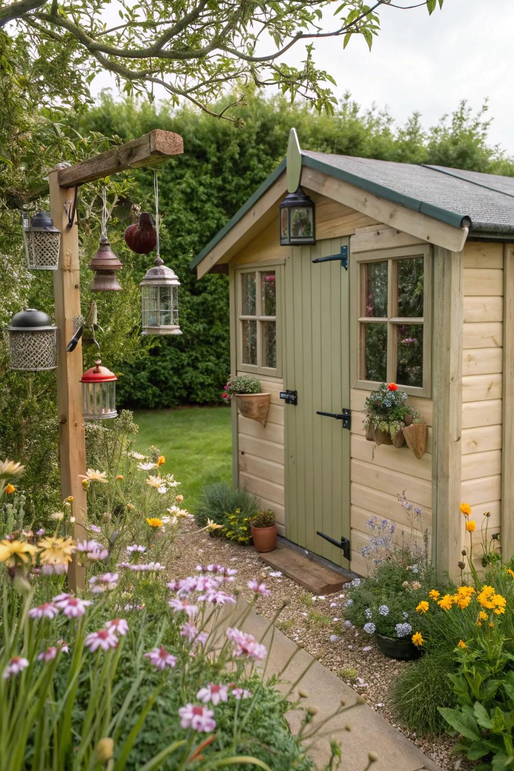 A wildlife-friendly area makes the shed a lively and inviting spot.