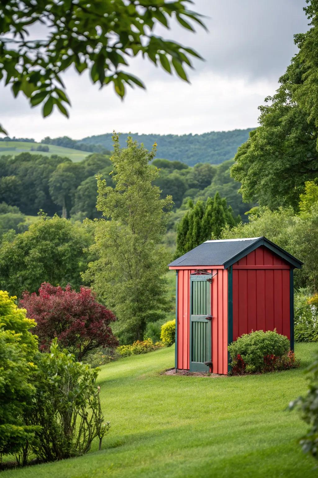 A colorful shed stands out beautifully against the green backdrop.