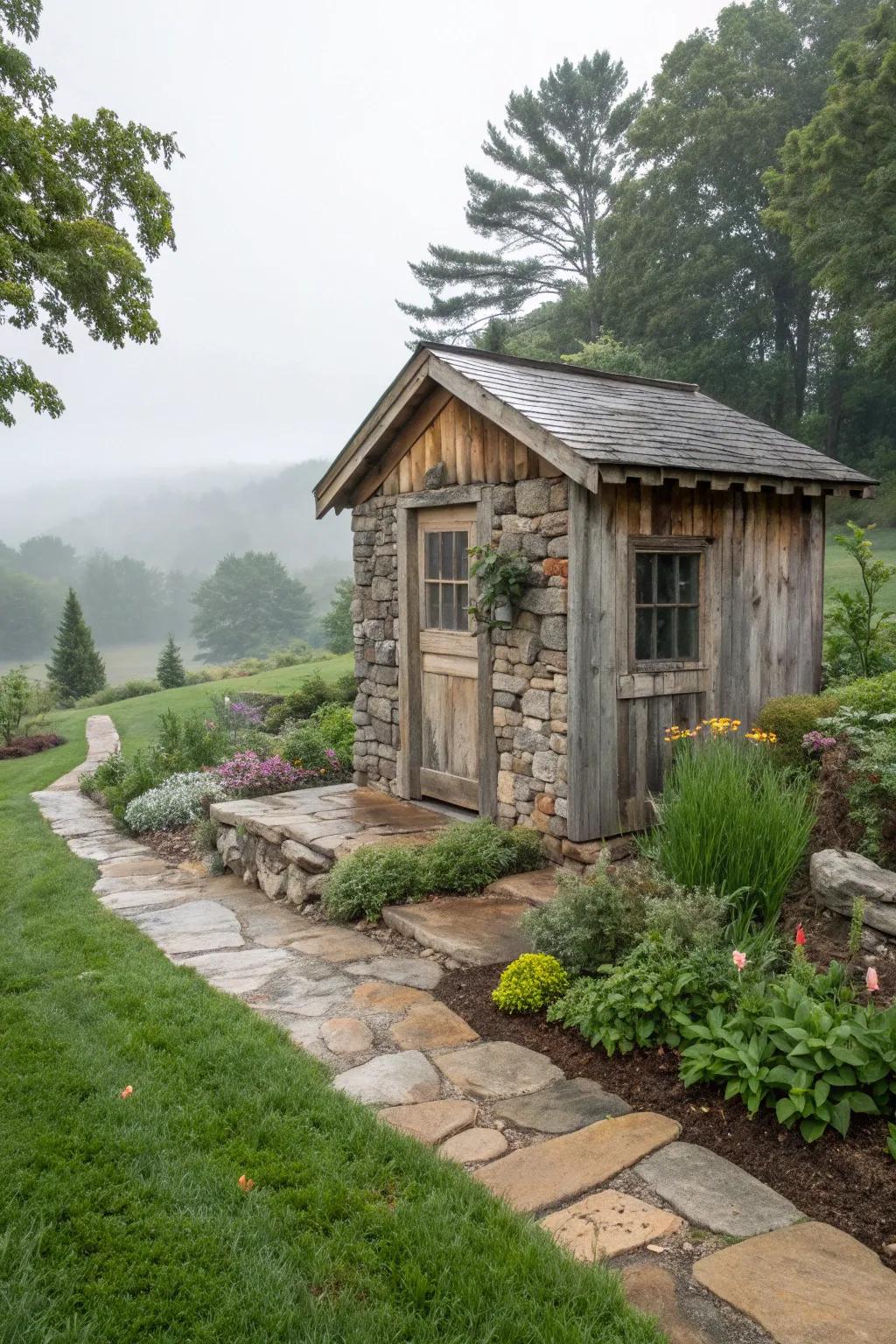 Rustic elements give the shed a charming, natural look.