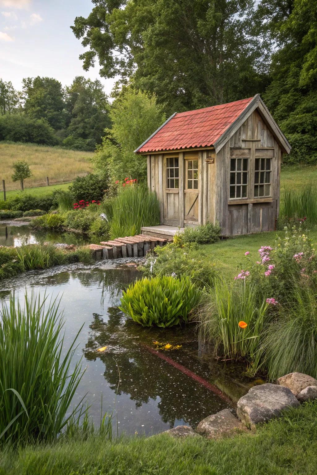 Water features add tranquility to the shed's landscape.