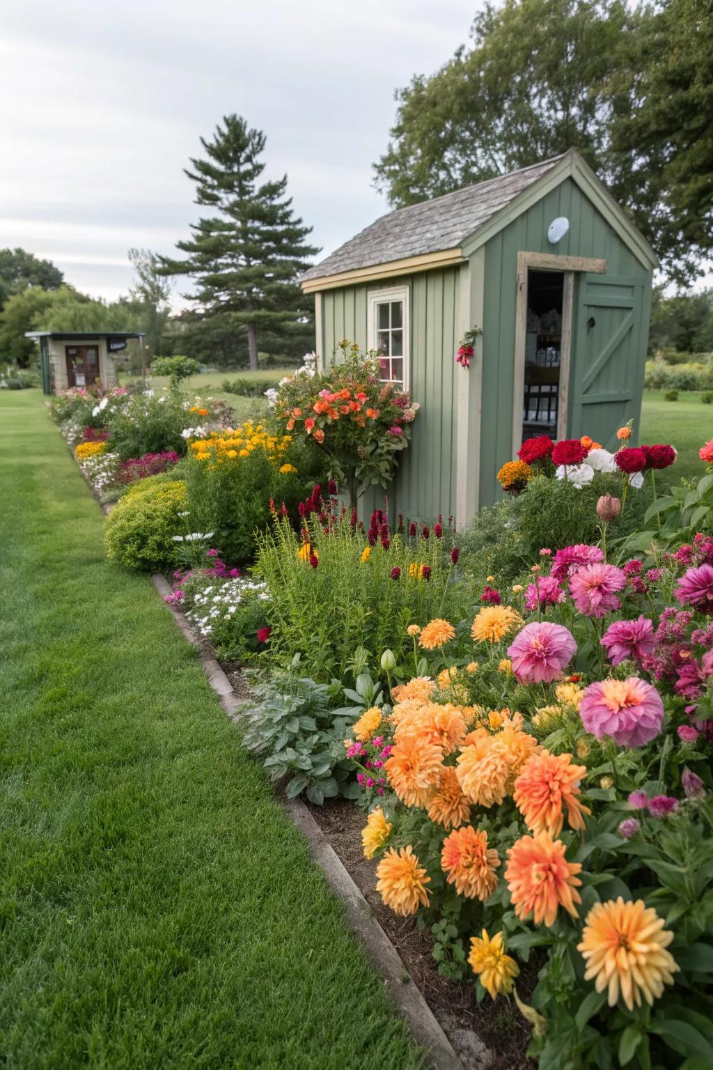 Bright and cheerful flower beds enhance the shed's charm.