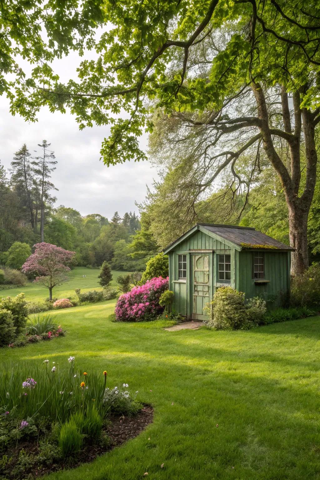 The shed is enveloped in rich greenery, creating a natural hideaway.