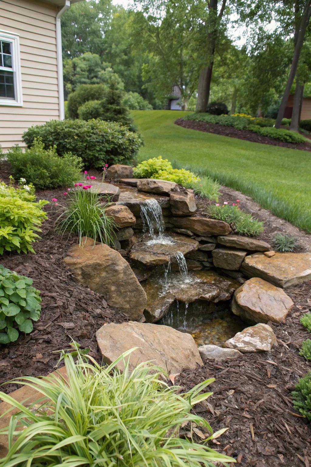 A rock waterfall adds a soothing and luxurious element.