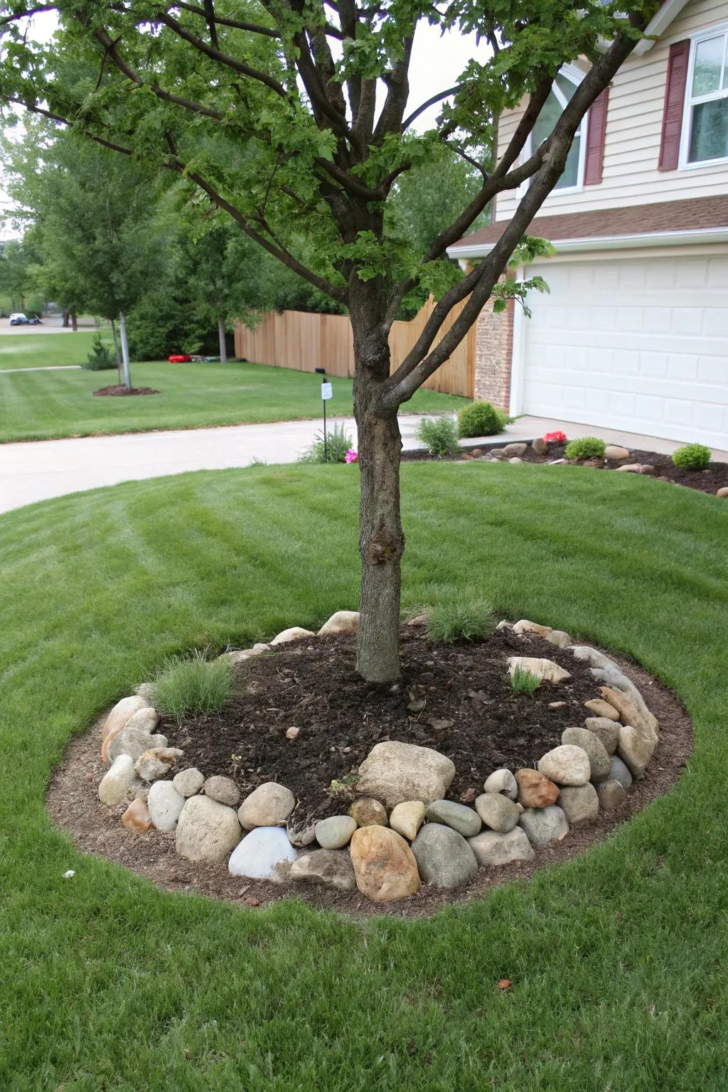 Framing trees with rocks and mulch adds structure and beauty.