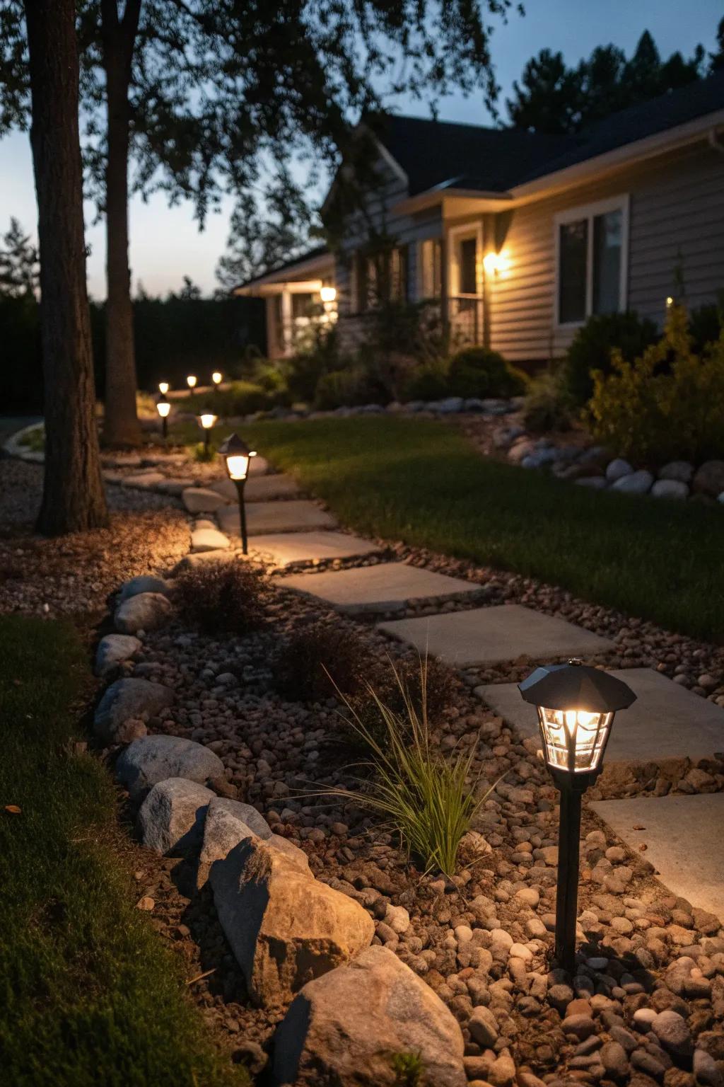 Lighting enhances the beauty of rocks and mulch in the evening.