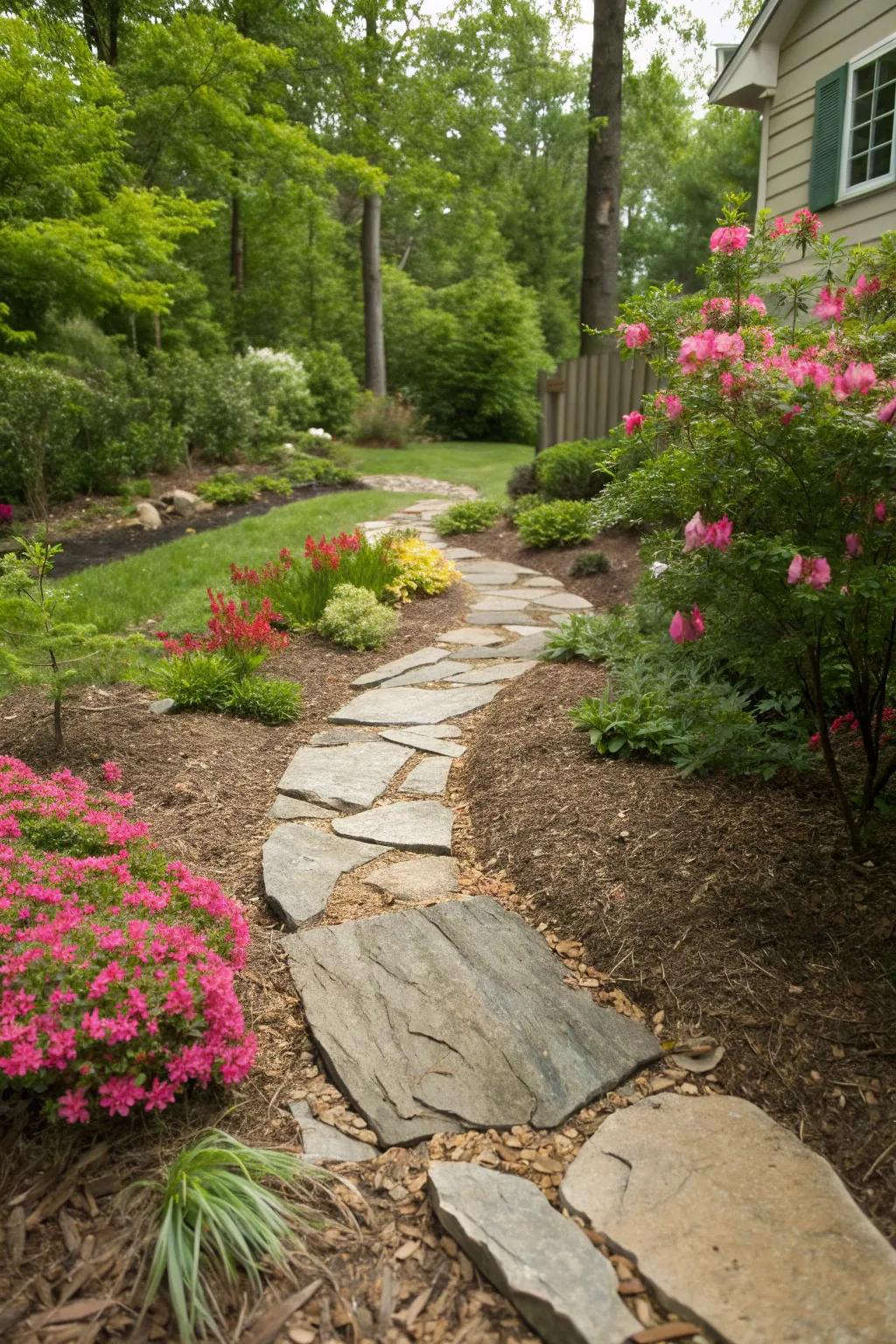 A rustic pathway leading through a beautifully landscaped front yard.