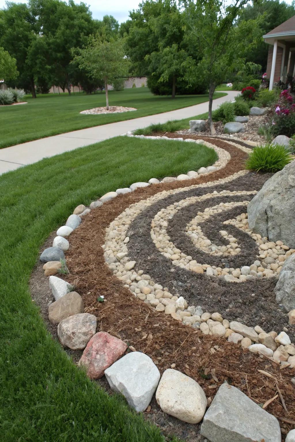 A captivating spiral design with rocks and mulch.
