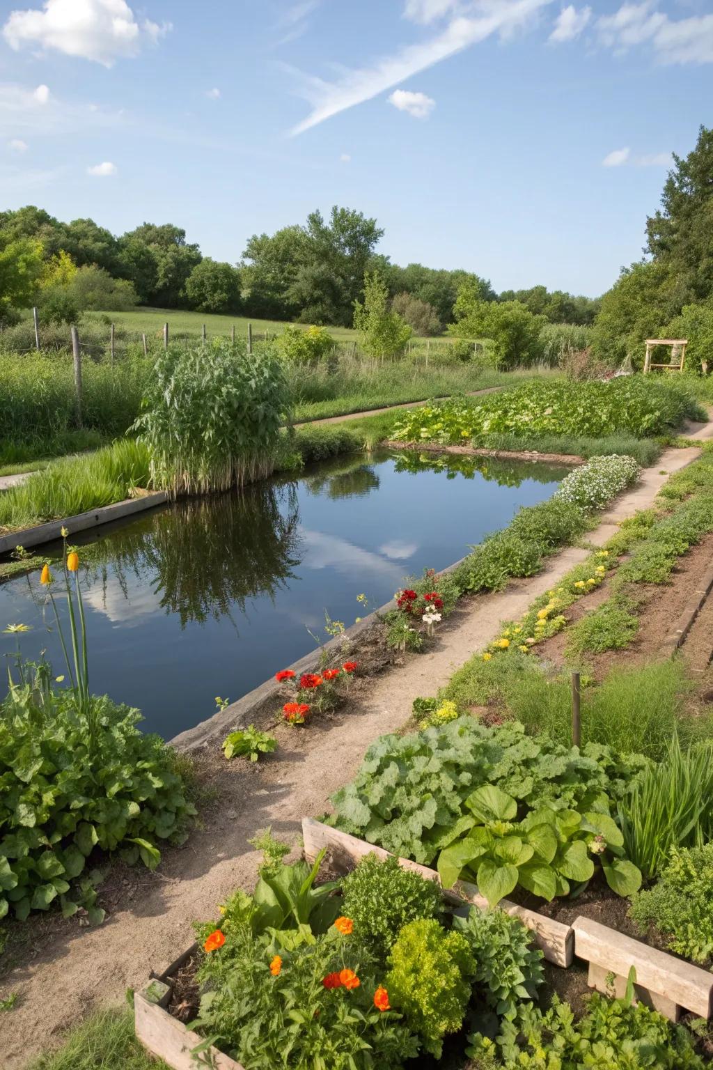 A serene pond nestled among lush vegetable plants.