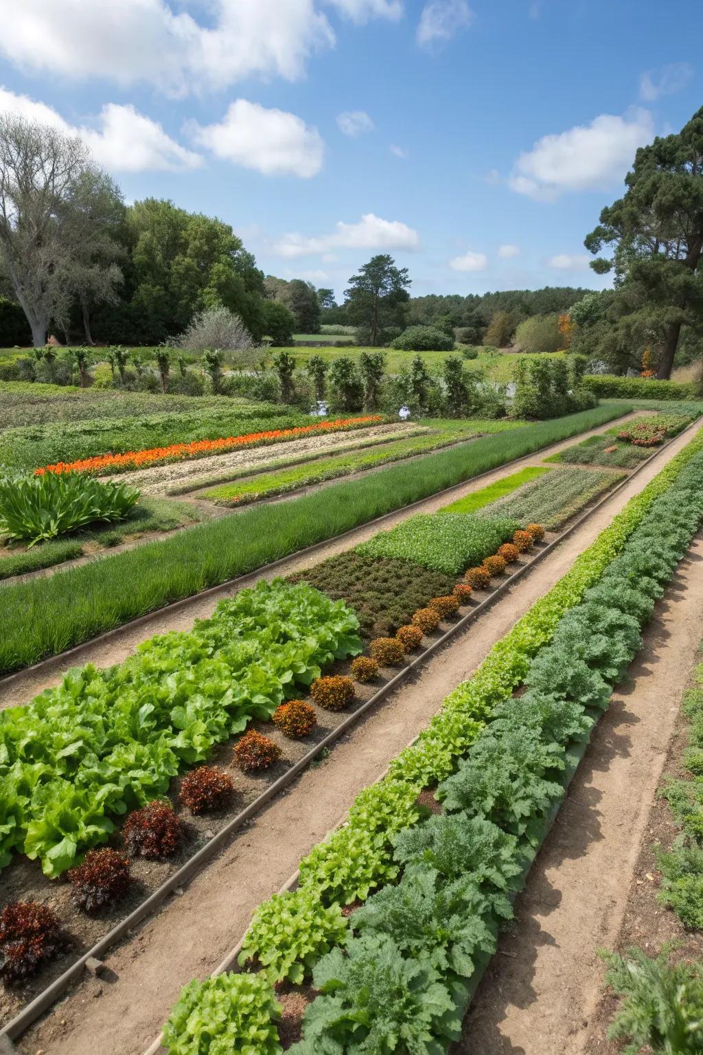 Distinct zones for various crops in a well-planned vegetable garden.