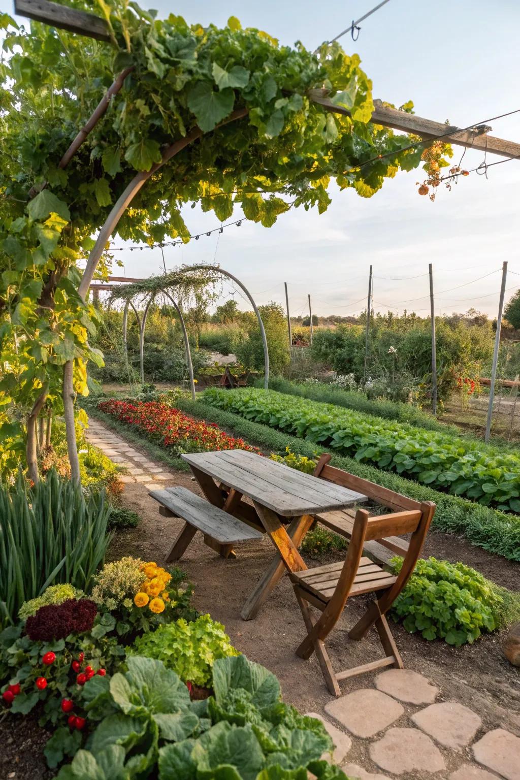A serene seating area set within a flourishing vegetable garden.