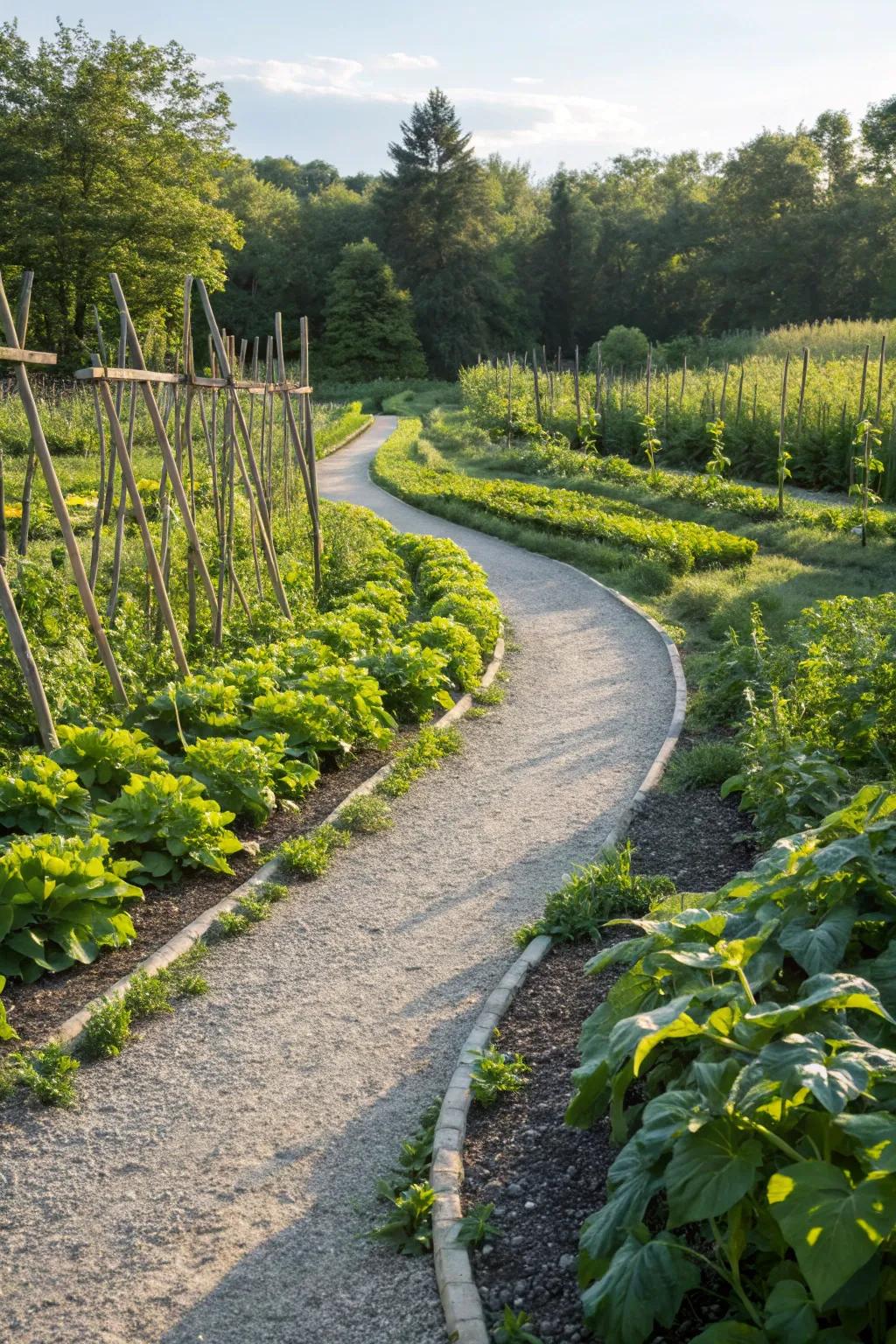 Charming gravel paths winding through a lush vegetable garden.