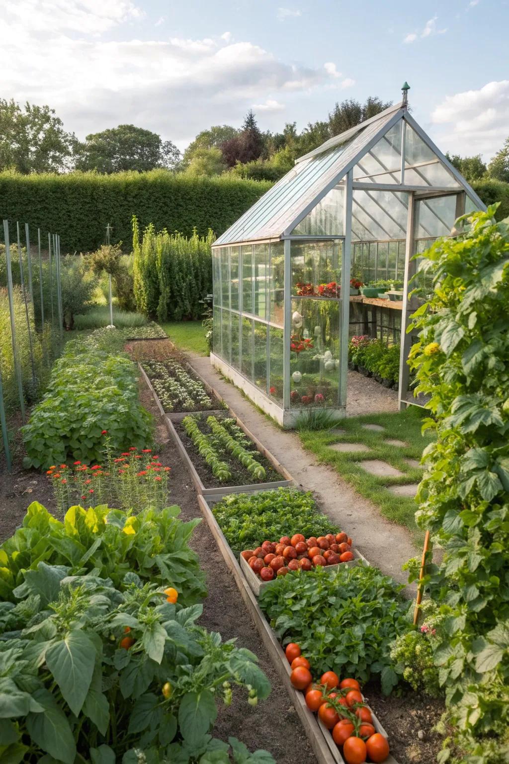 A functional greenhouse offering year-round gardening opportunities.