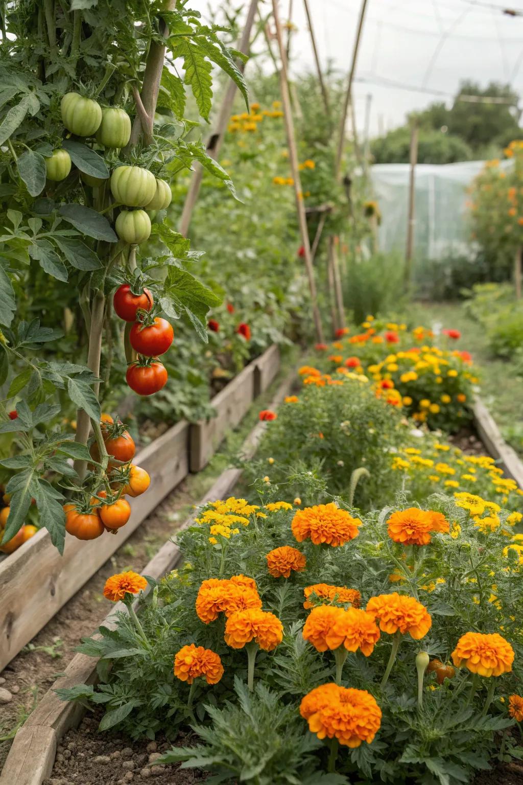 Companion planting with marigolds and tomatoes for a healthy garden.