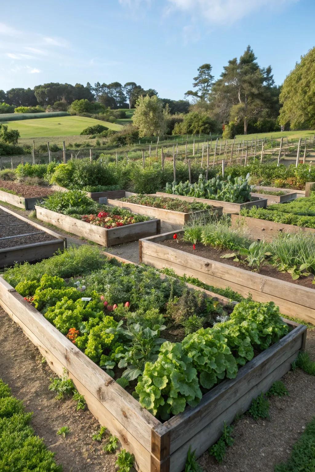 Raised wooden beds filled with vibrant vegetables and herbs.