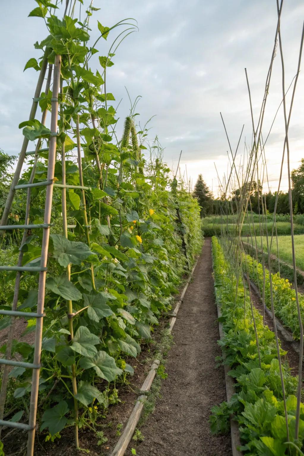Trellises abounding with climbing vegetables add height and interest.