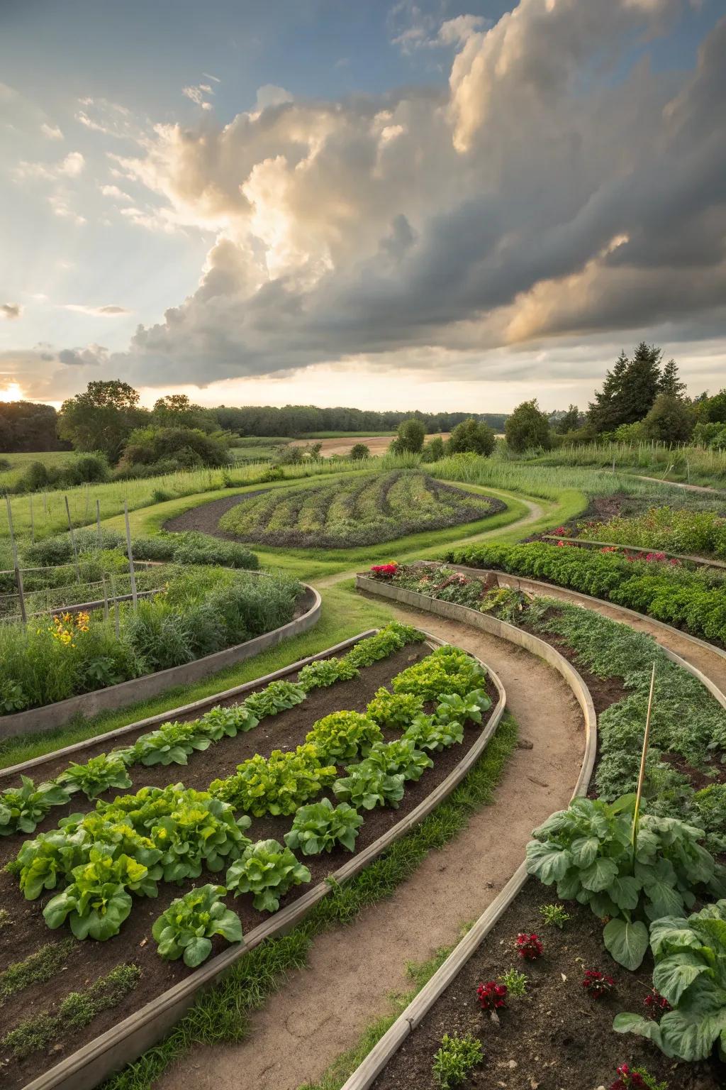 Whimsical crescent-shaped beds adding charm and efficiency.
