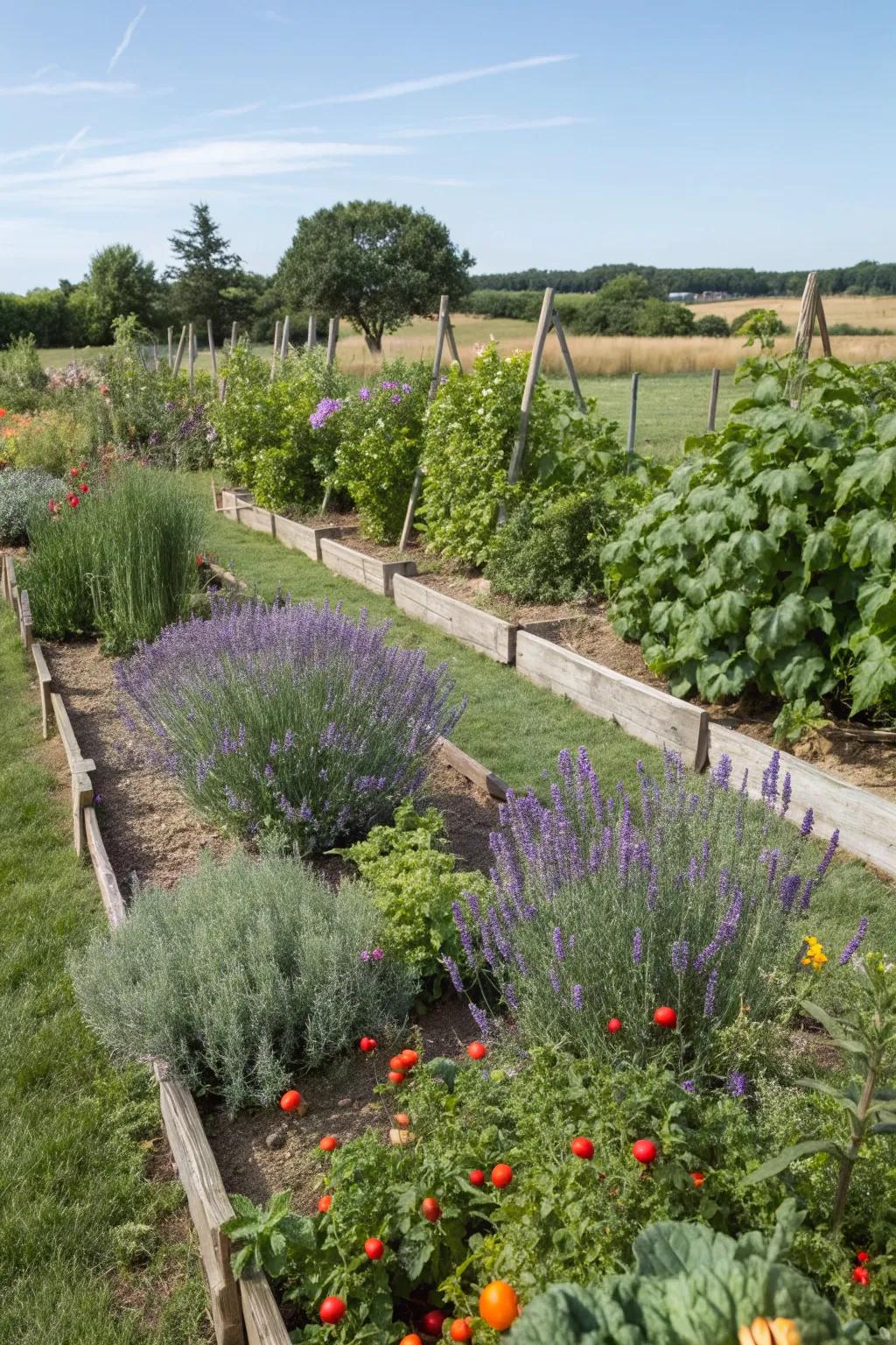 Lavender borders adding beauty and utility to the garden.