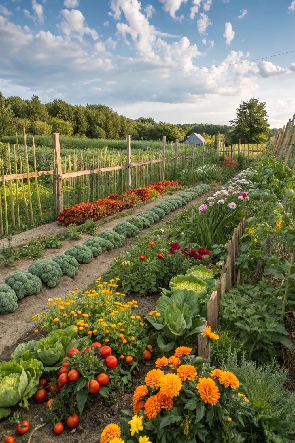 A vibrant blend of flowers and vegetables creating a stunning visual impact.