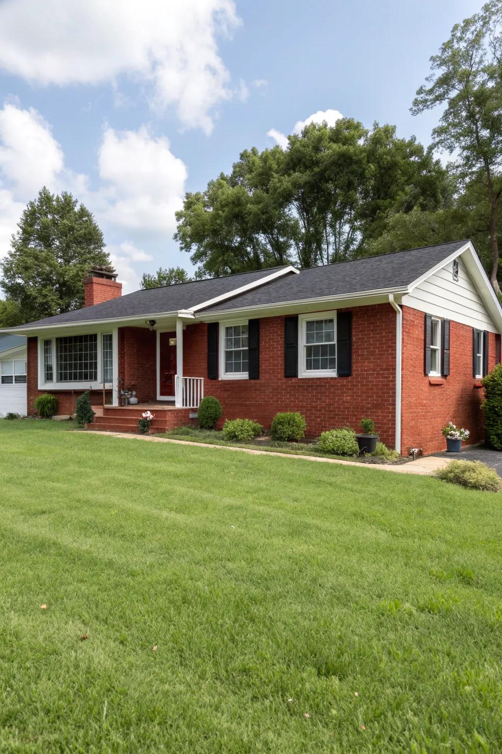 A timeless black and white color scheme for a red brick ranch house.