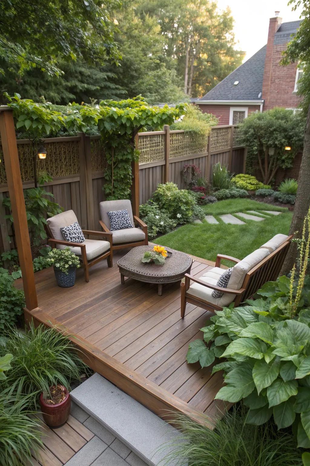 A compact deck provides a perfect spot for lounging.