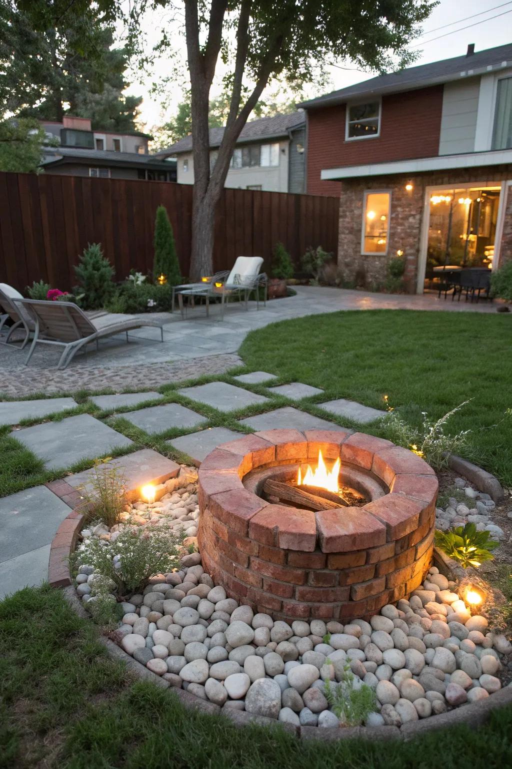 A recycled brick fire pit adds warmth and charm to any backyard.