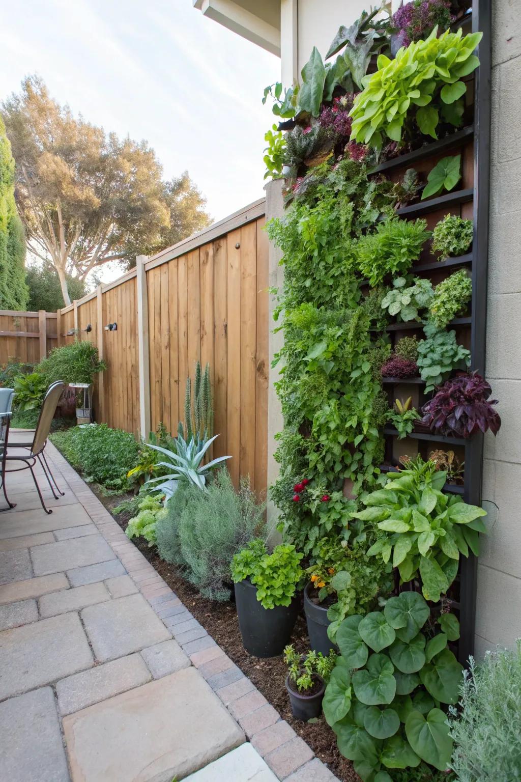 Vertical gardens maximize space and greenery.
