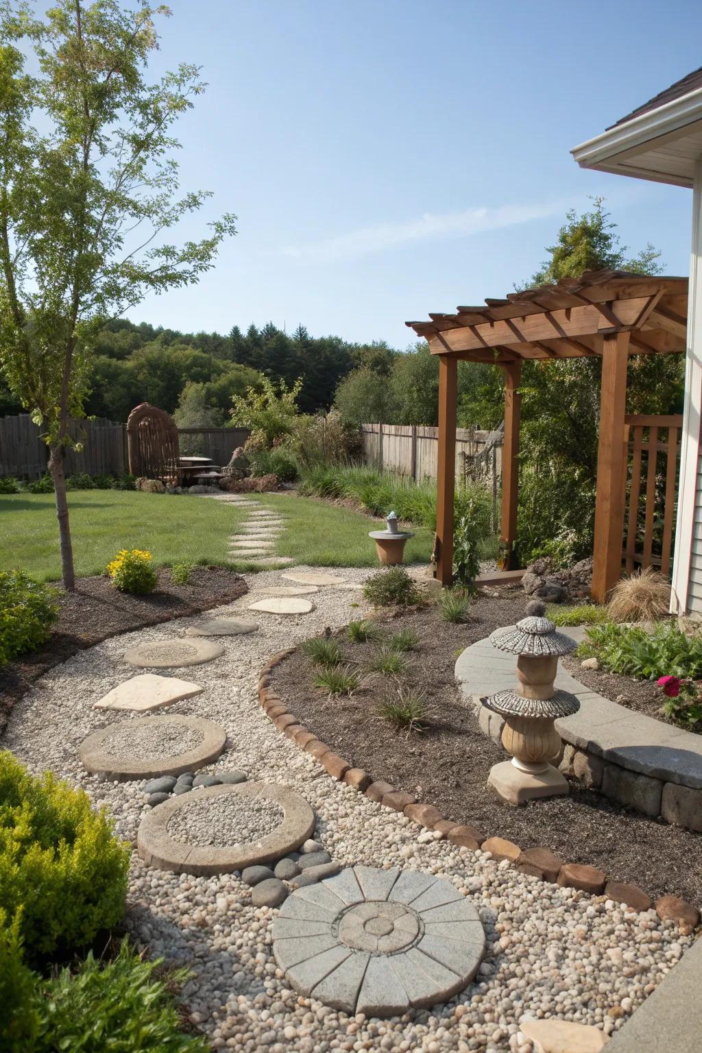 Gravel hardscaping adds texture and definition.