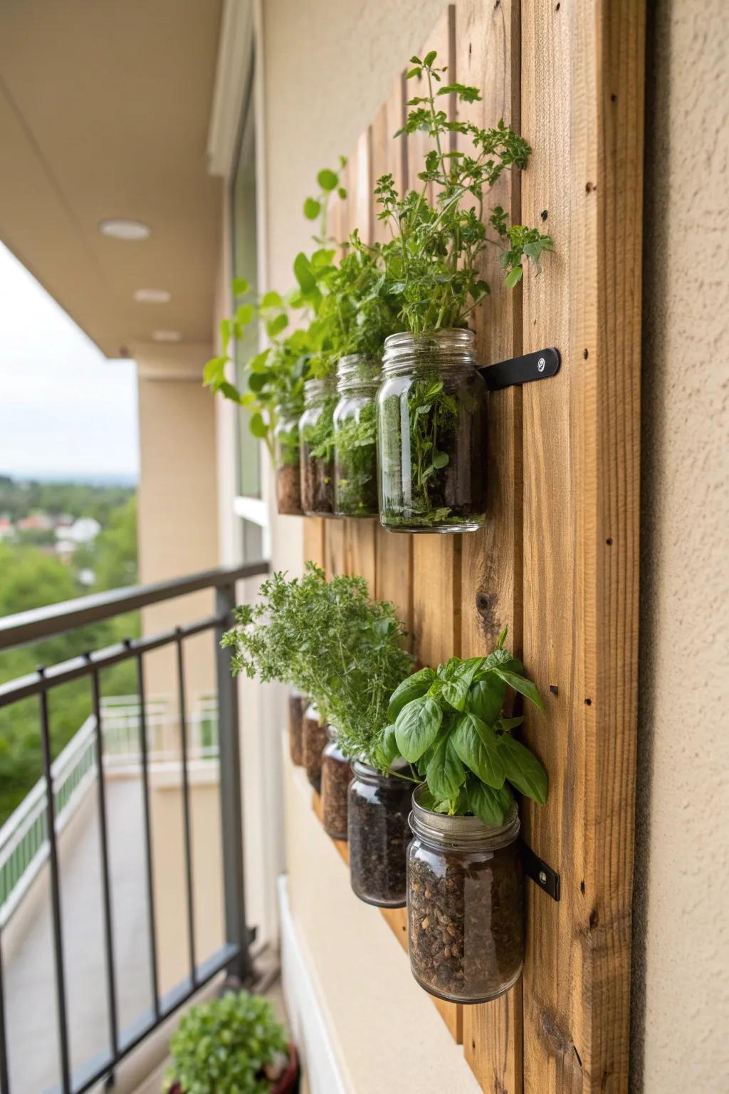Create a rustic wall display with mason jars for your herbs.
