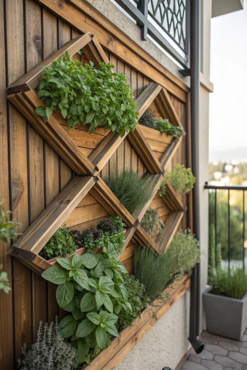 Create a living masterpiece with herbs arranged as wall art.