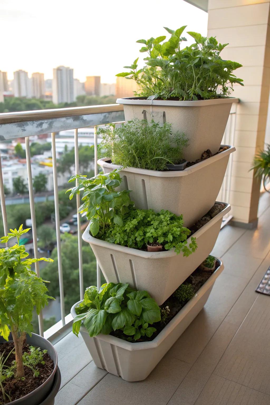 Utilize vertical space with stacked planters for your herbs.