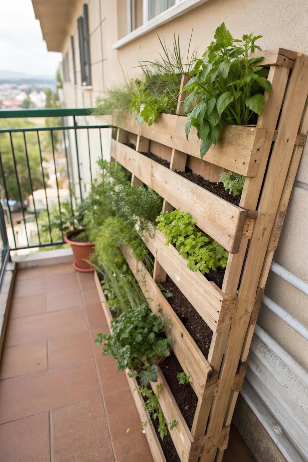 Transform a wooden pallet into a rustic vertical herb garden.