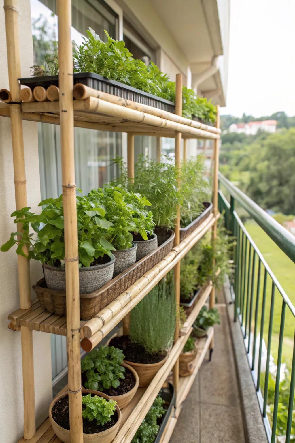 Create a serene herb garden with eco-friendly bamboo shelves.