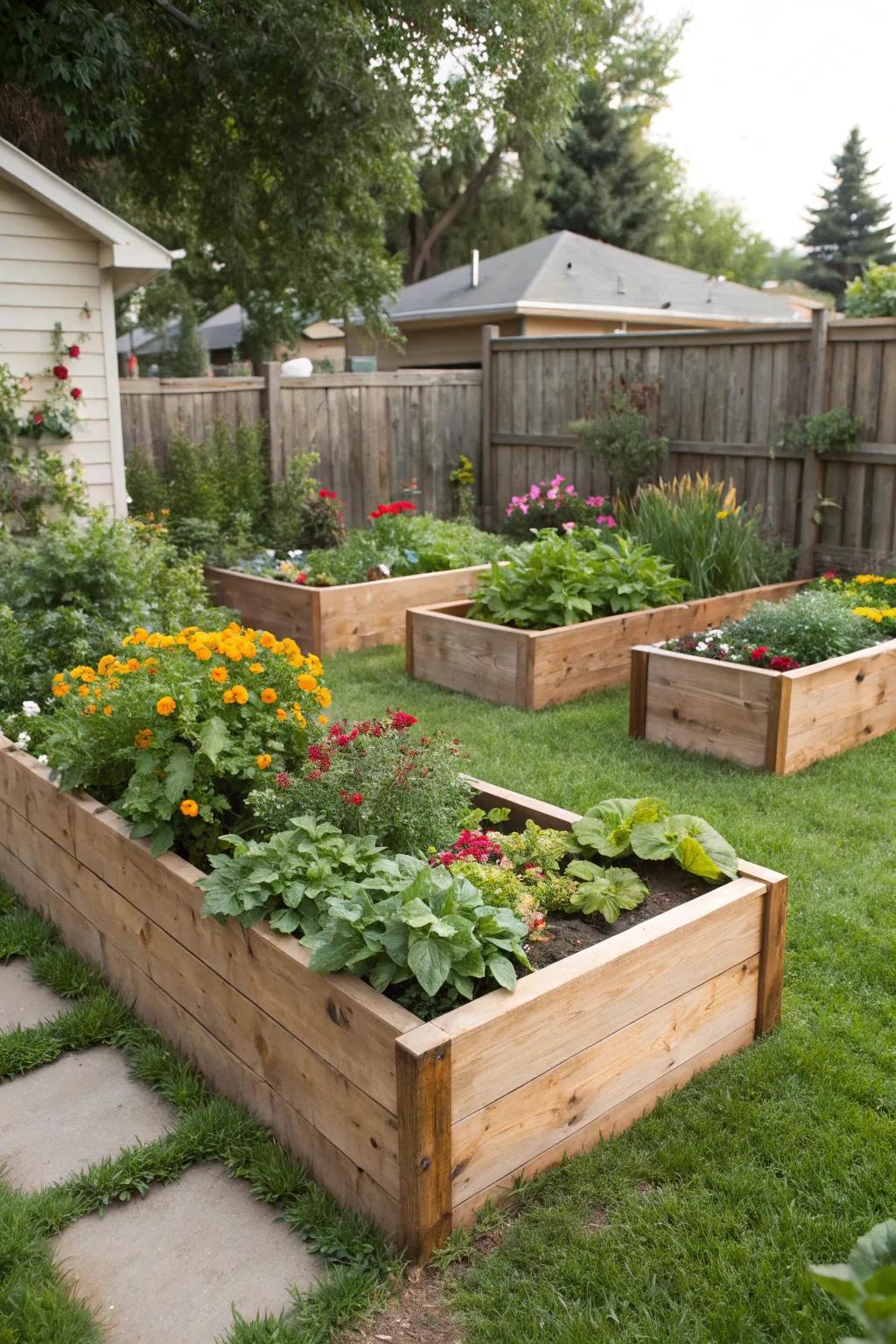 Timeless wooden raised beds offer both charm and functionality.