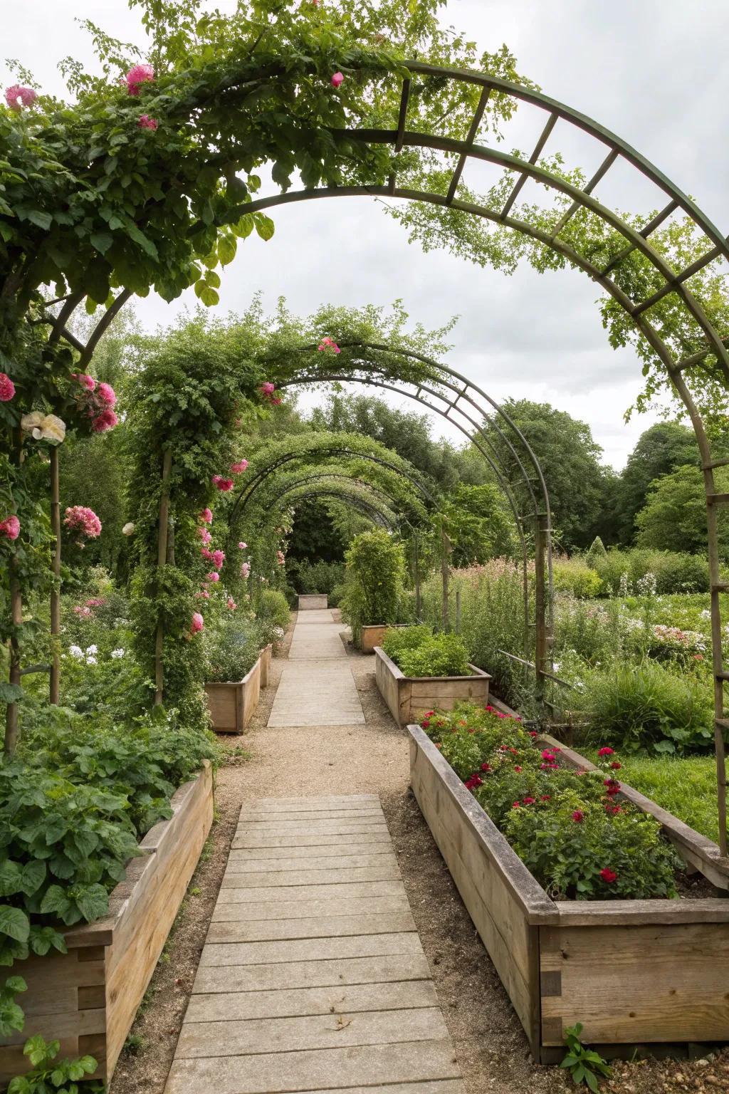 Decorative arches add elegance and support climbing plants.