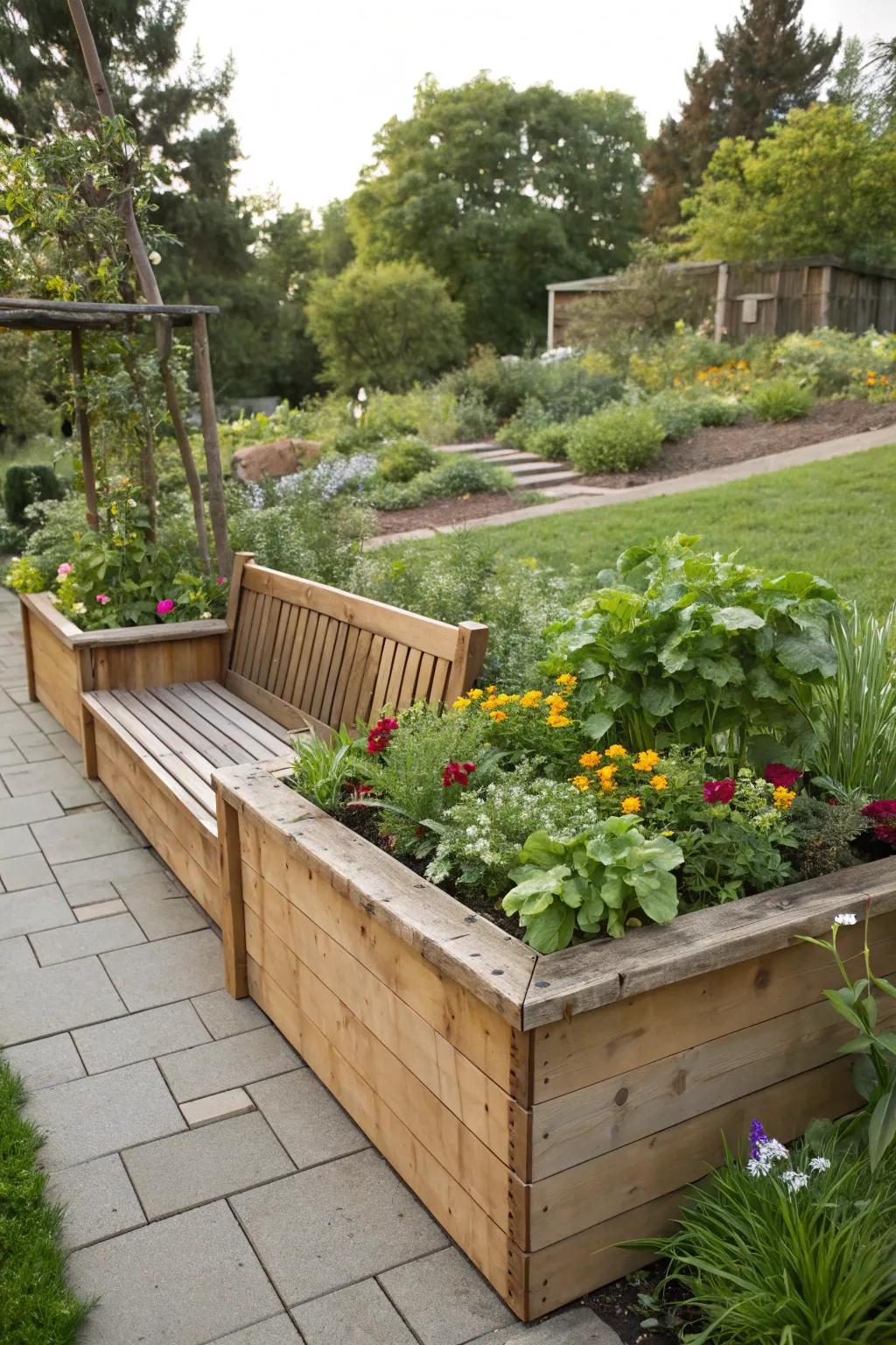 Integrated seating provides a perfect spot to relax and enjoy your garden.