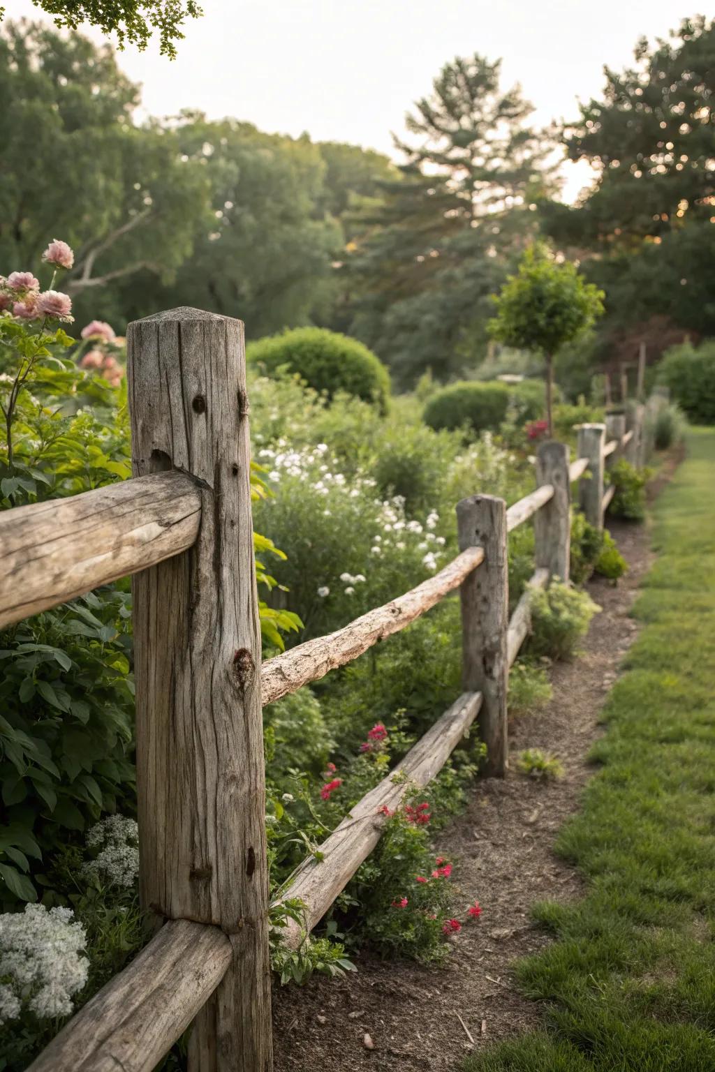 Rustic wood fences add warmth and vintage charm.