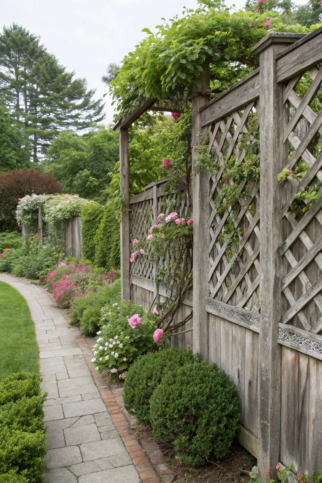 Lattice fences offer privacy while supporting beautiful climbing plants.