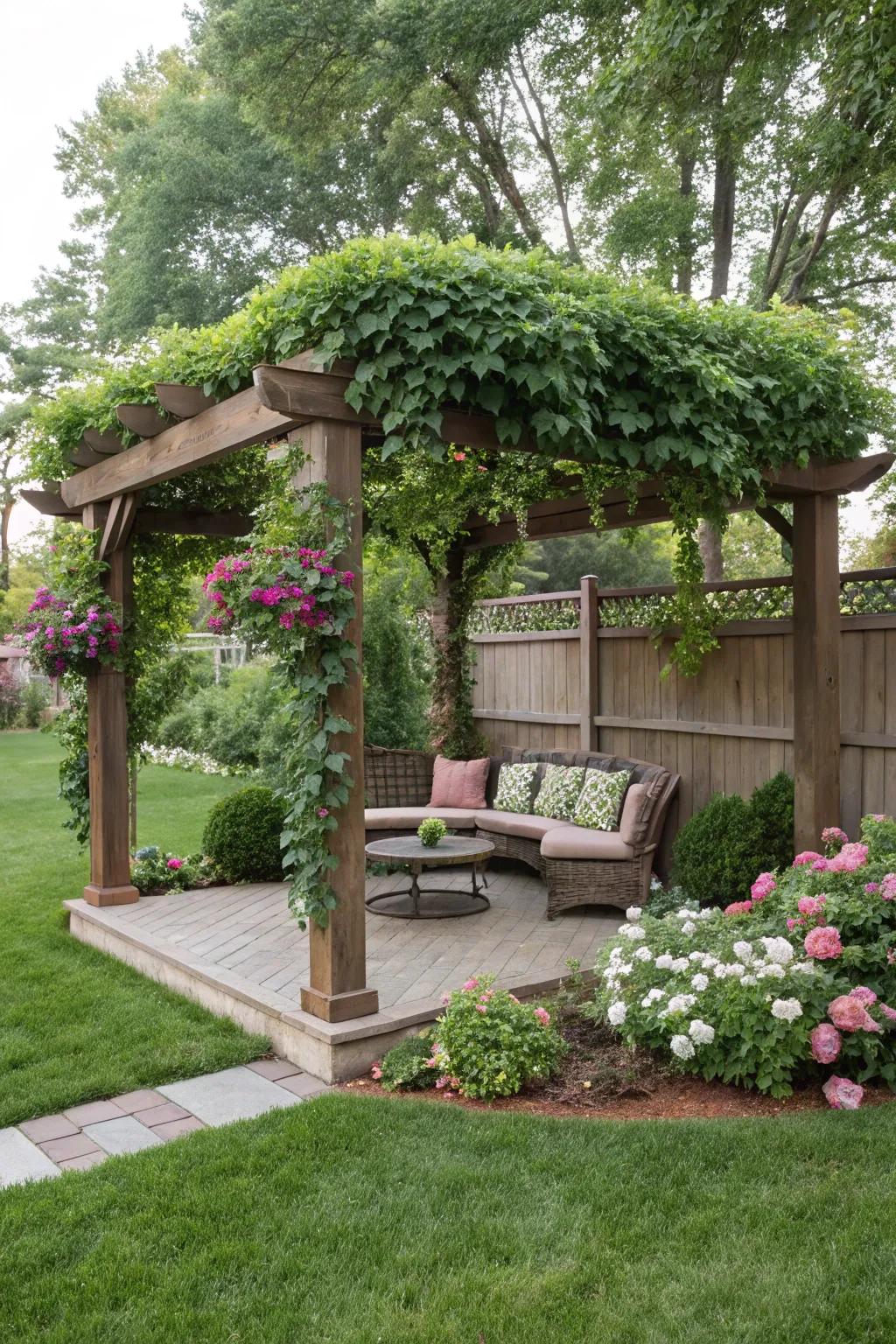 A pergola with seating creates a cozy and private corner retreat.