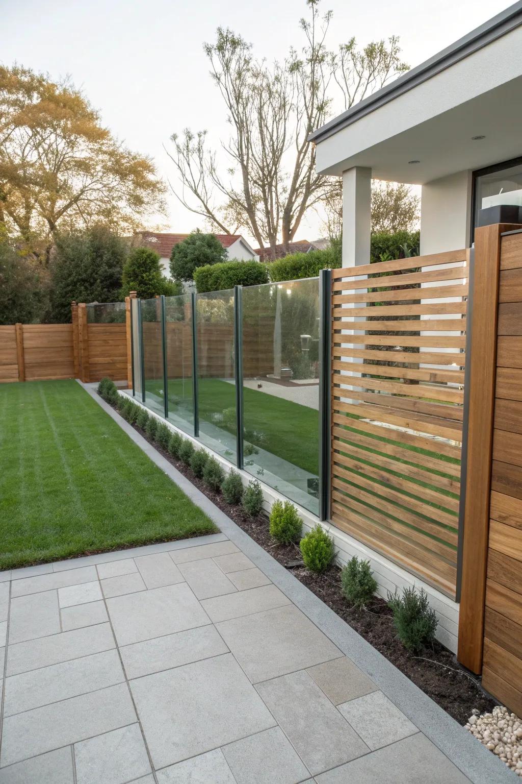 Glass and wood create a modern and private backyard fence.