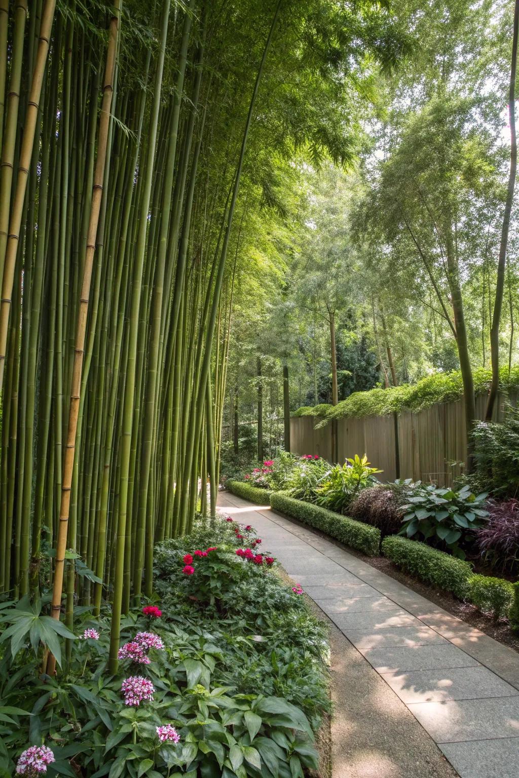 Bamboo screens provide privacy and enhance the garden's tranquility