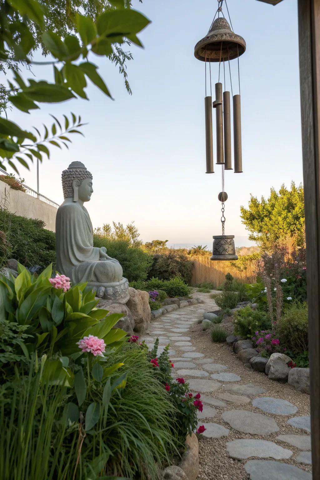 Wind chimes add a gentle soundscape to the garden