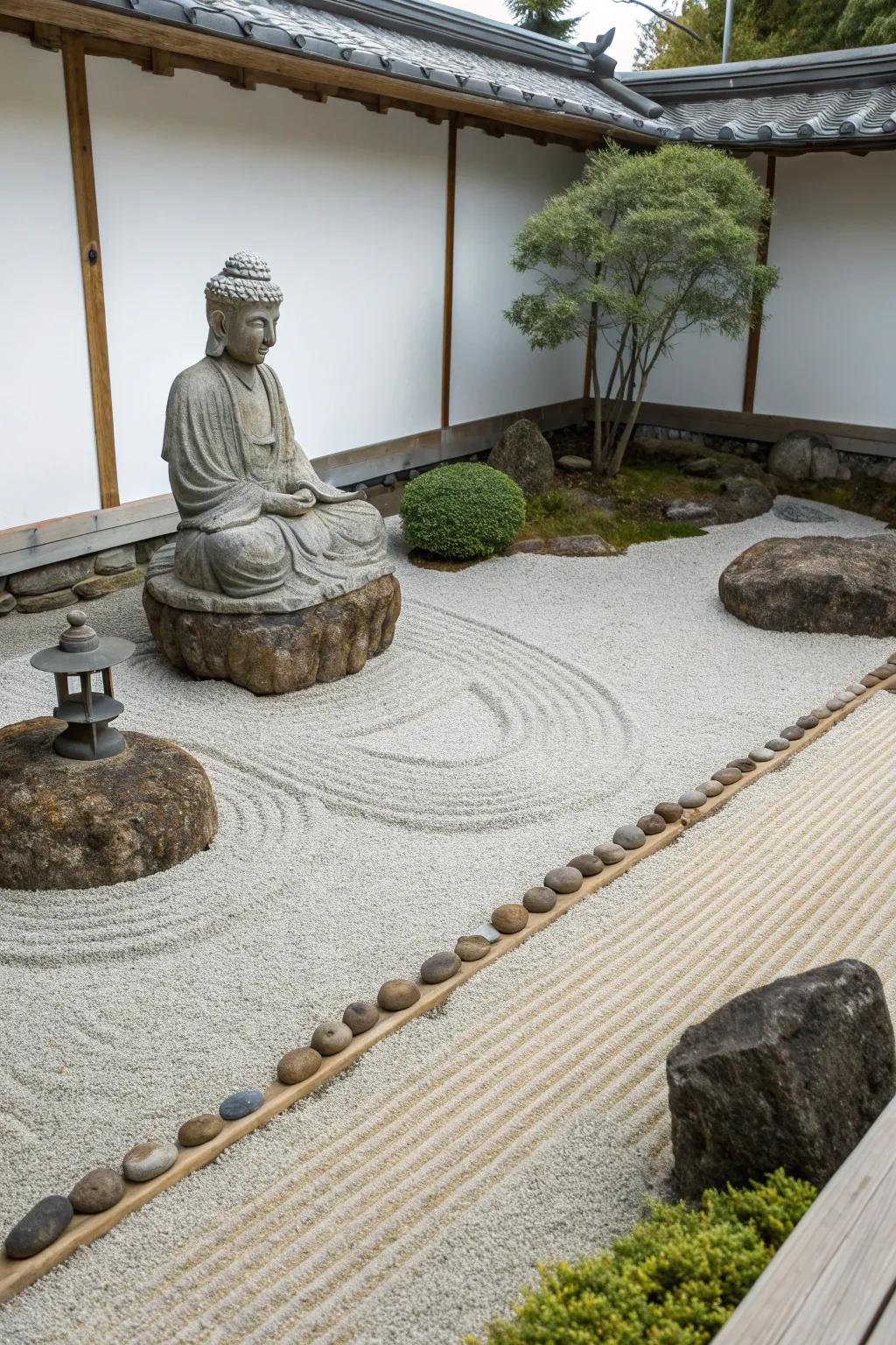 A minimalist Zen area offers peace through simplicity