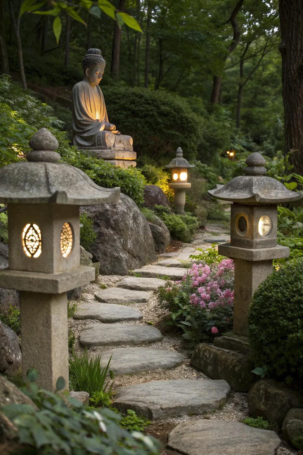 Stone lanterns provide decoration and subtle lighting