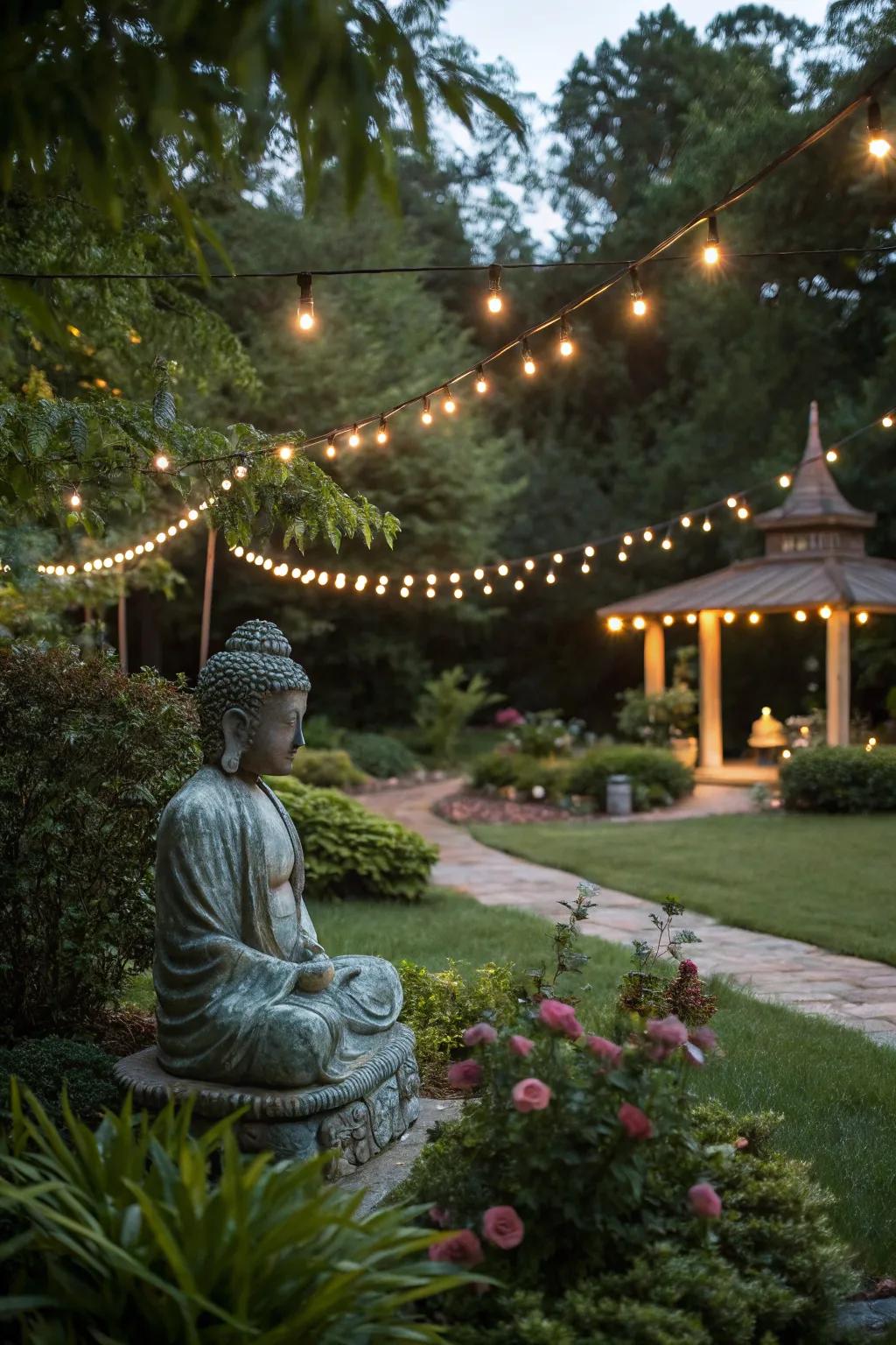 String lights create an enchanting nighttime atmosphere