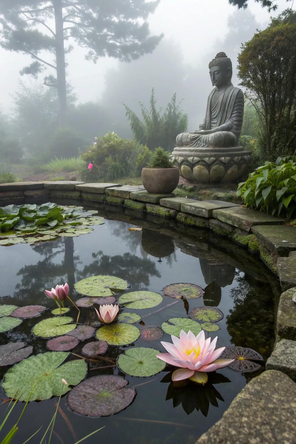 Floating lotus flowers add elegance and symbolism to the garden