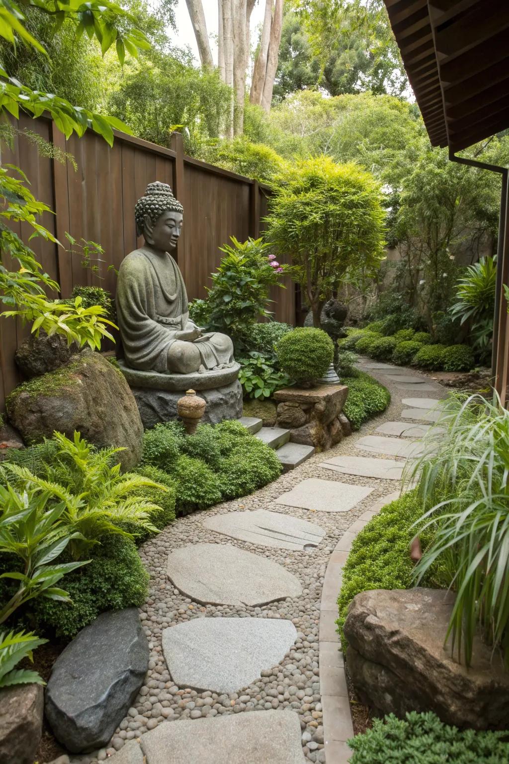 A central Buddha statue creates a focal point in the garden