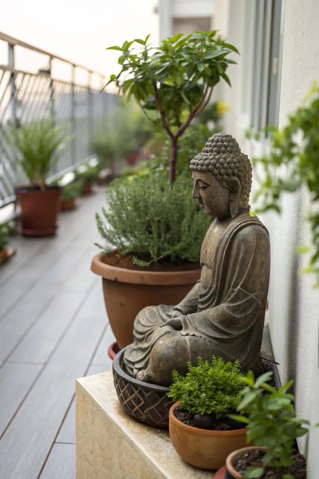 A compact Buddha corner turns small spaces into serene retreats