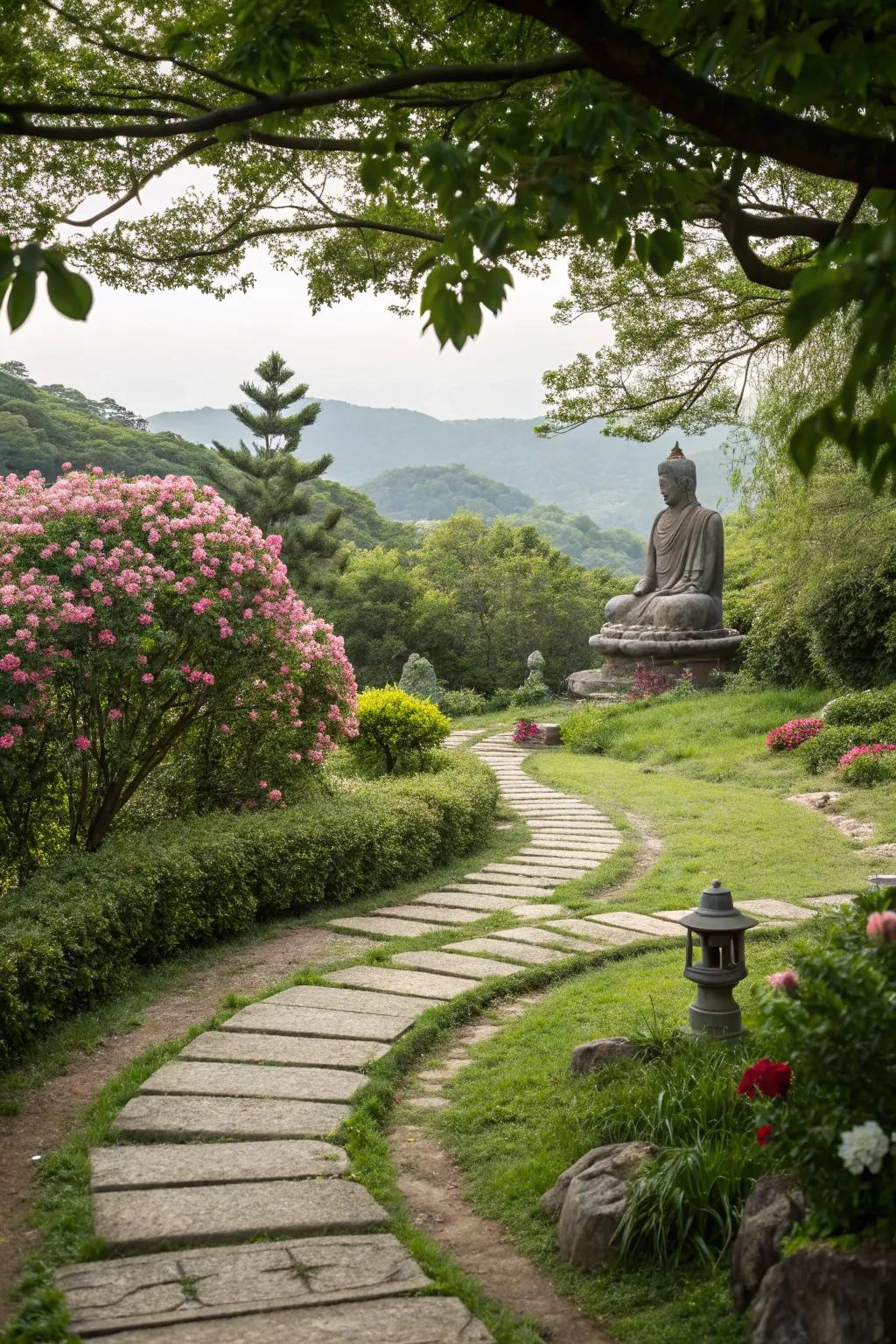 Stone paths wind through the garden, encouraging contemplation