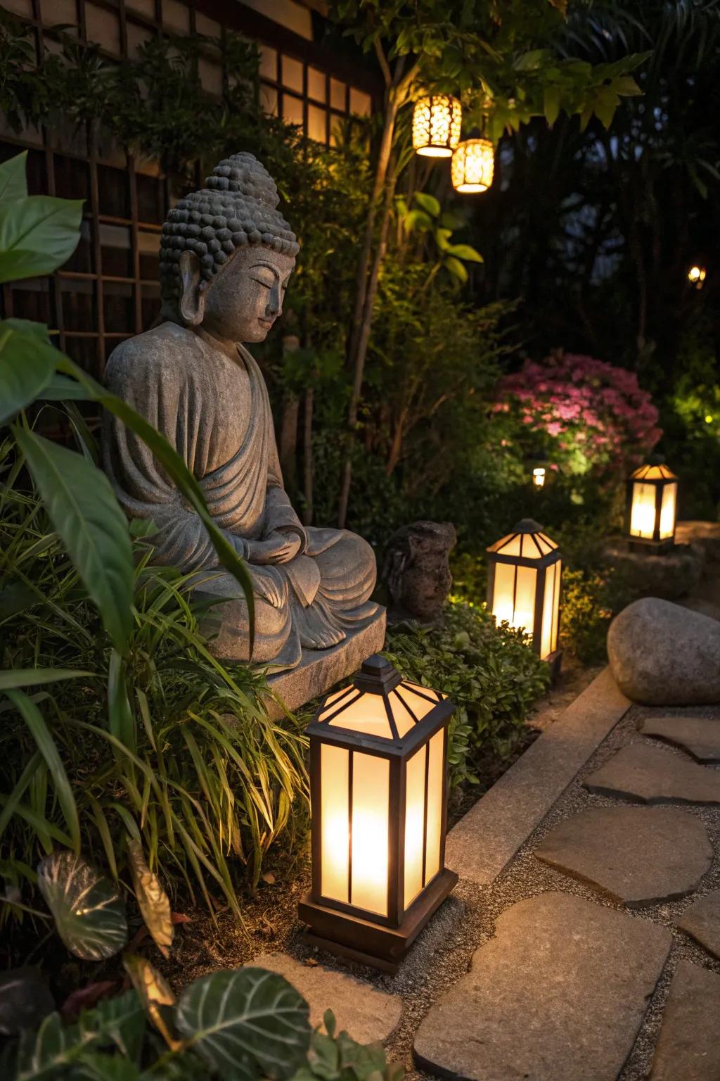 Lanterns provide soft lighting, enhancing the garden's ambiance
