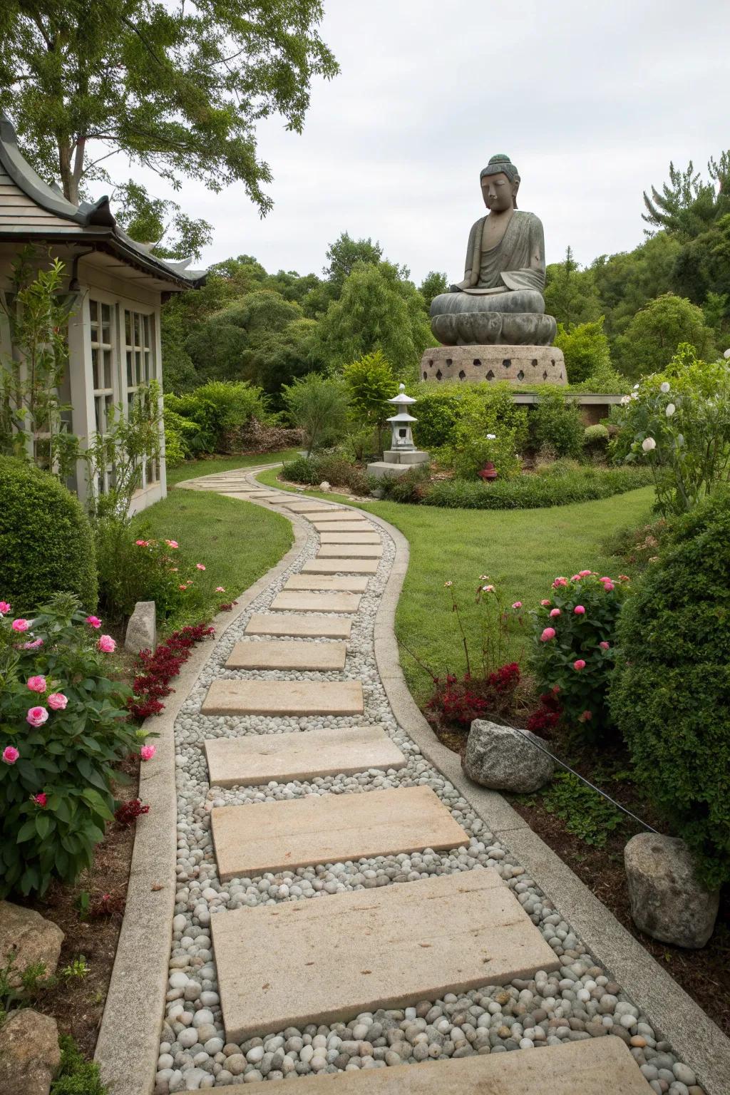 Stones and pebbles add natural texture to the garden's design